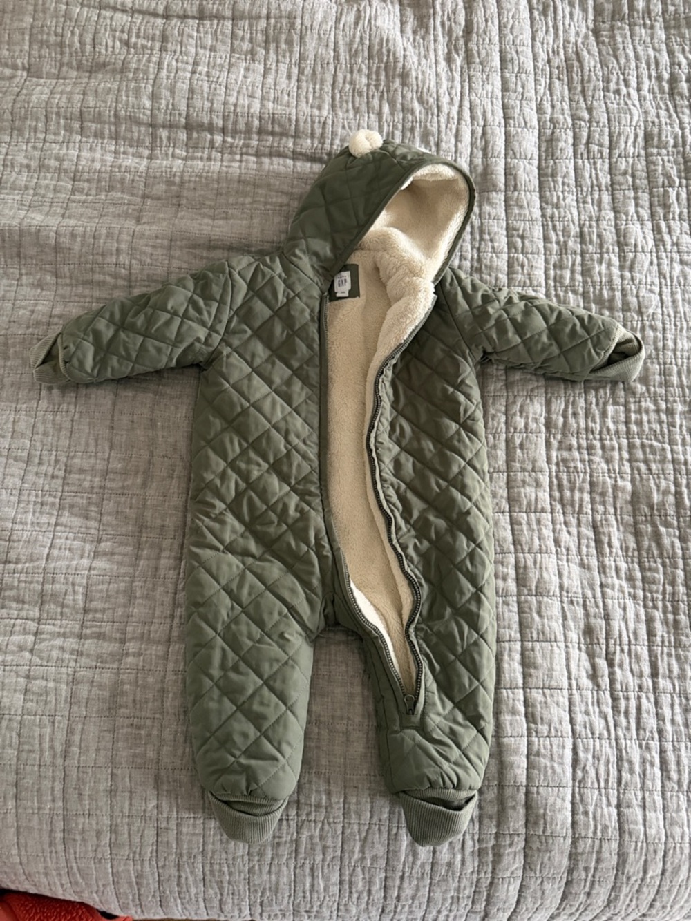 GAP Quilted Olive Hooded Baby Footed One-Piece with Cream Lining